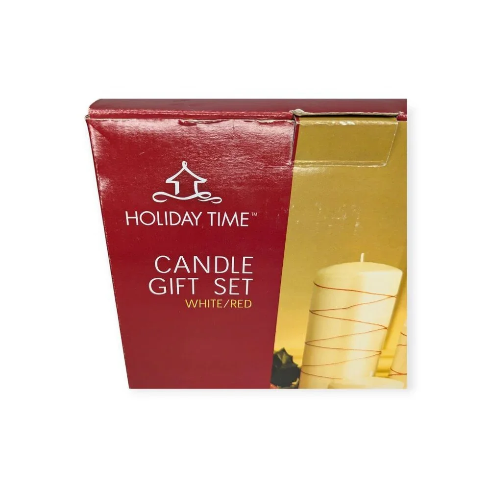 Holiday Time Pillar Candle Gift Set White/Red NIB